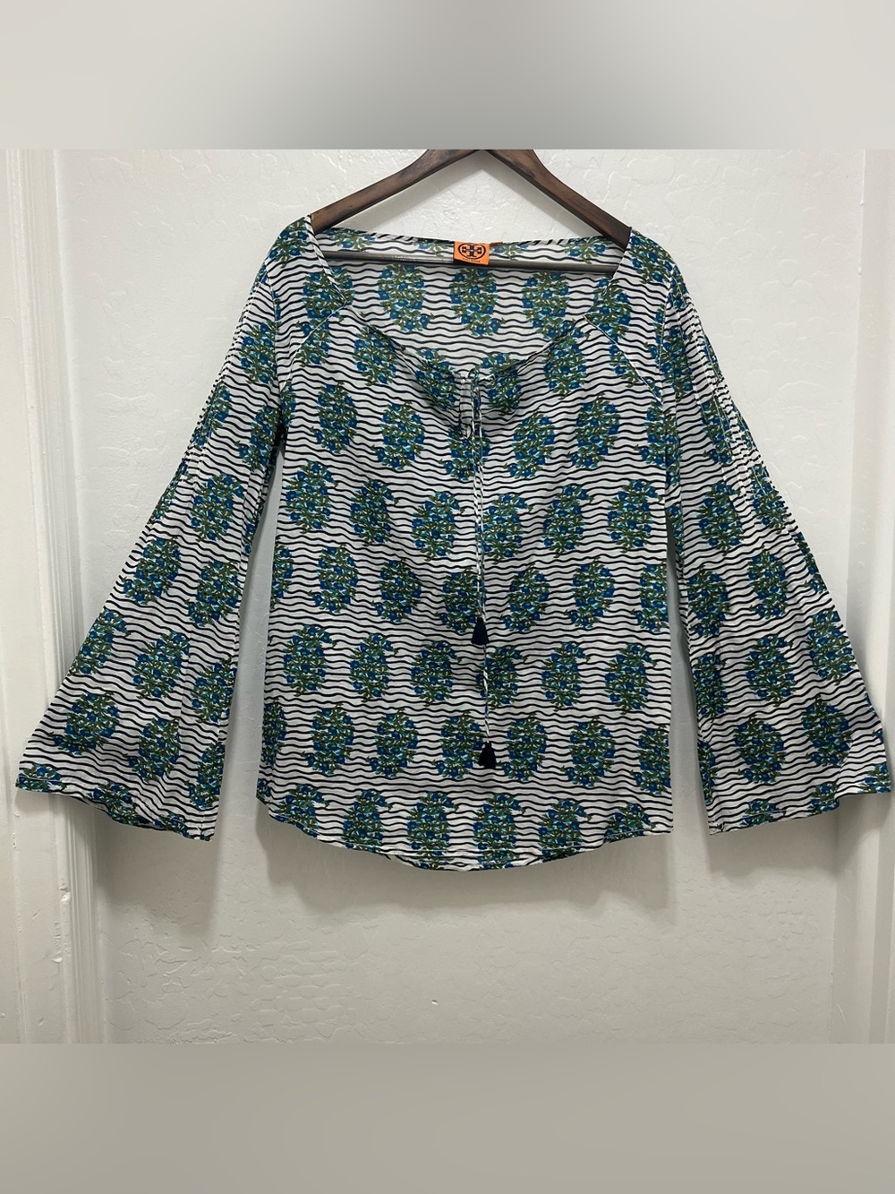 Tory Burch Evelina Cotton Voile Peasant Blouse Wide Bell Sleeve Floral Stripe 8